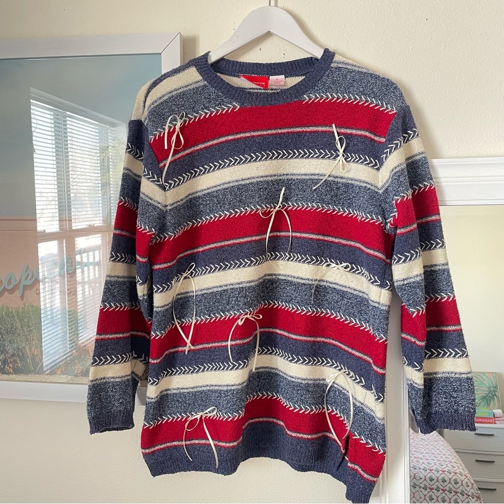 Liz Claiborne Vintage 90s Y2K Ribbon Bow Striped Red White Blue USA Sweater